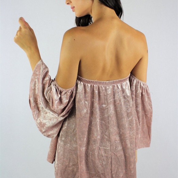 Cute Pink Velvet Off the Shoulder Flowy Top Chic - Picture 2 of 2